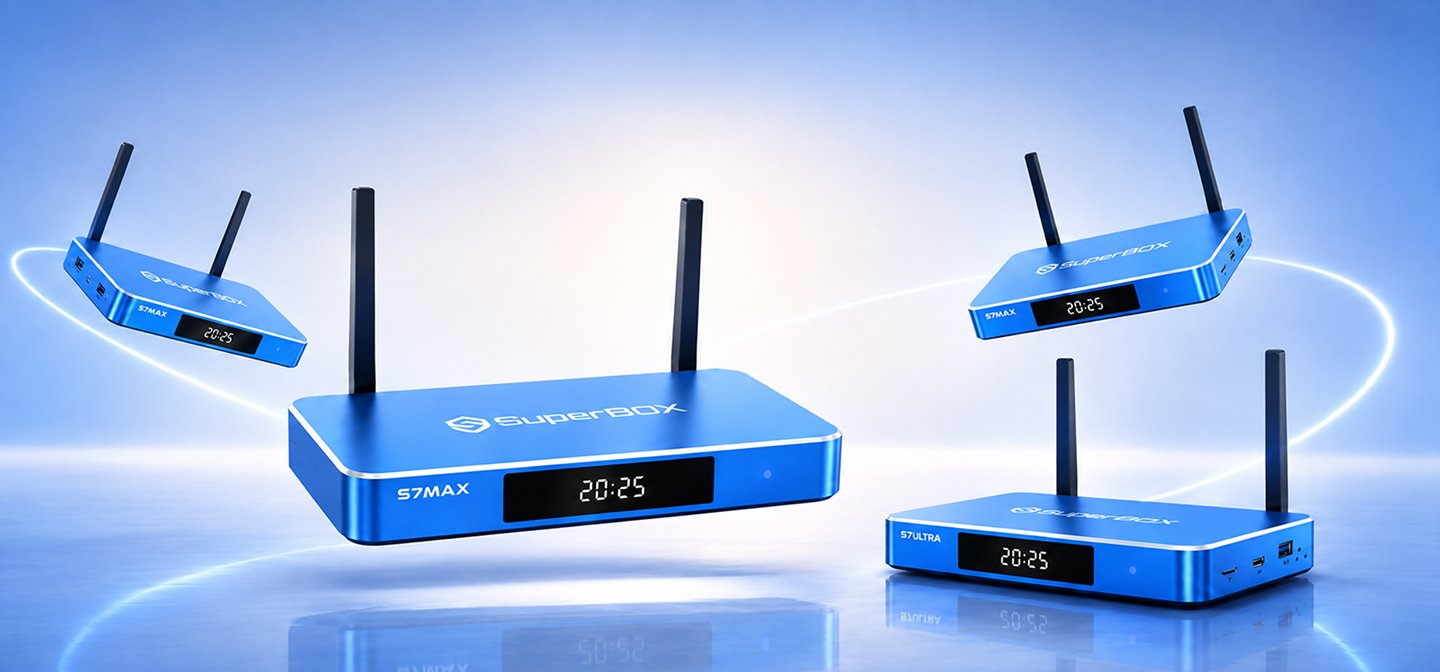 Four blue SuperBox streaming devices