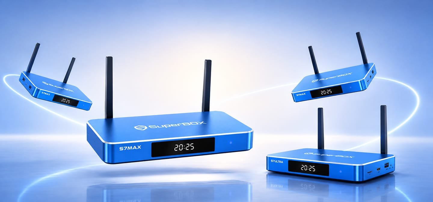 Four blue SuperBox streaming devices